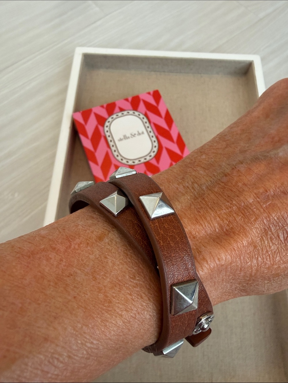 Stella & Dot Brown Leather Wrap Bracelet with Silver Studs